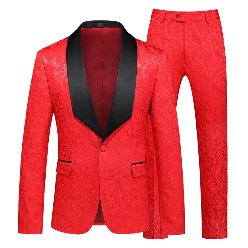 Tailored Fit Shawl Lapel Single Breasted One-Button Jacquard 2 Piece Men's Party Suits - Image 6