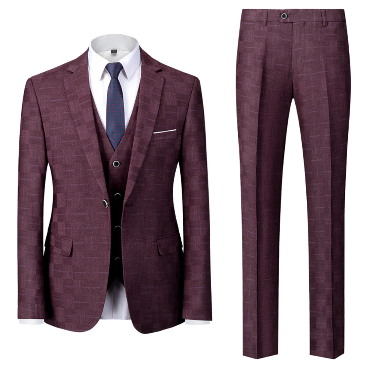 Tailored Fit Single Breasted One-button 3 Pieces Plaid Men's Wedding Suits - Image 4