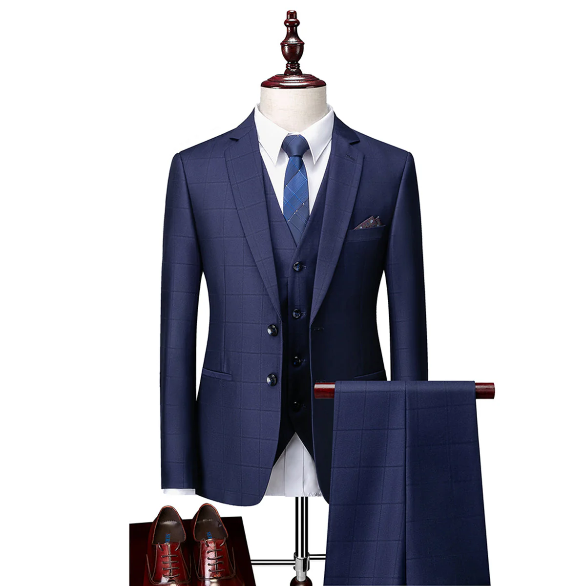 Tailored Fit Single Breasted Two-buttons 3 Pieces Plaid Men's Wedding Suits - Image 4