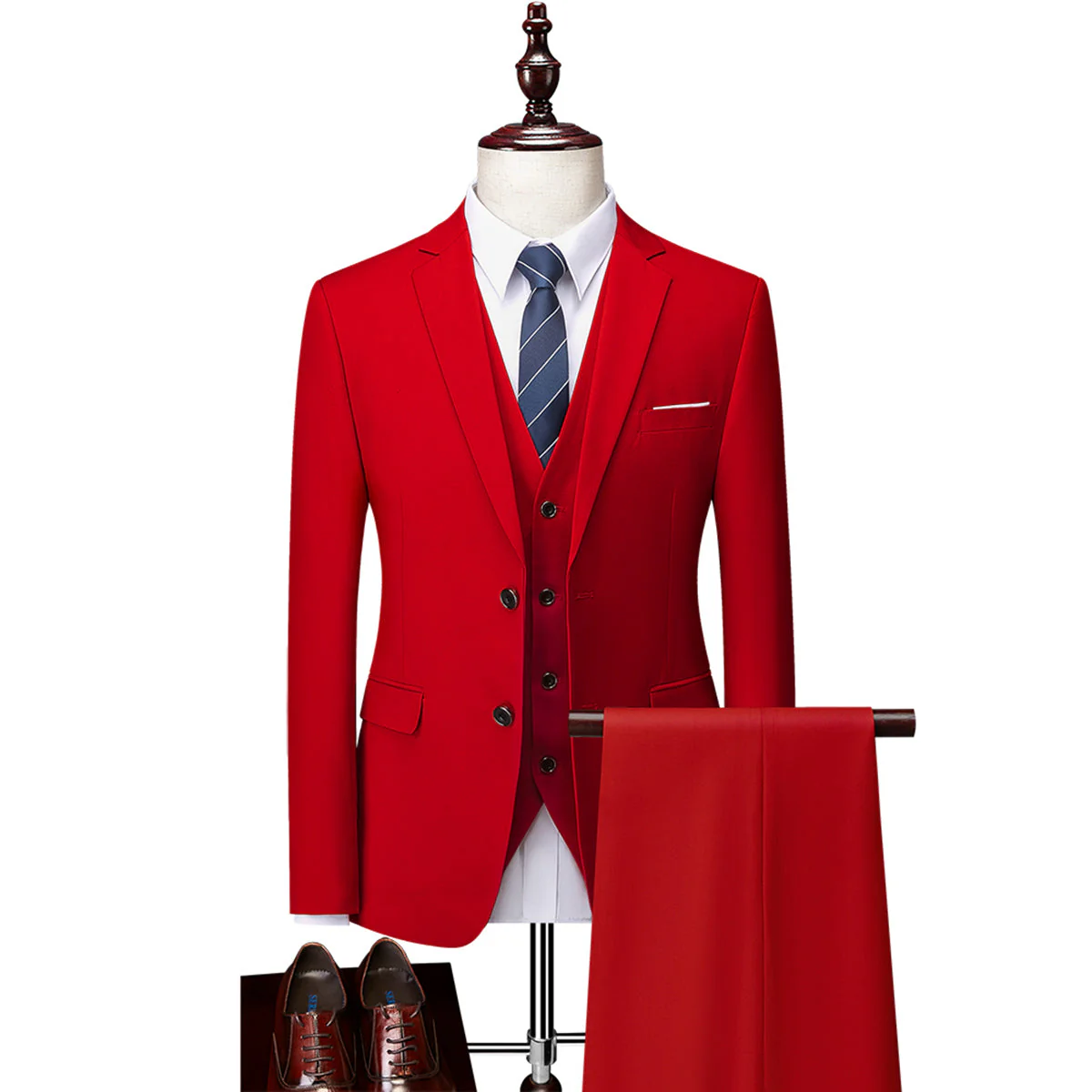 Tailored Fit Single Breasted Two-buttons 3 Pieces Solid Colored Men's Wedding Suits - Image 12