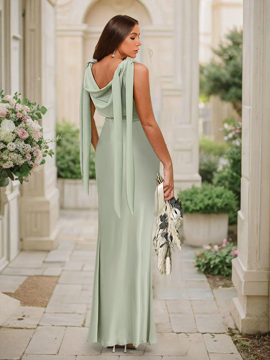 Trumpet/Mermaid Cowl Neck Sleeveless Floor-Length Ruched Bridesmaid Dresses - Image 2