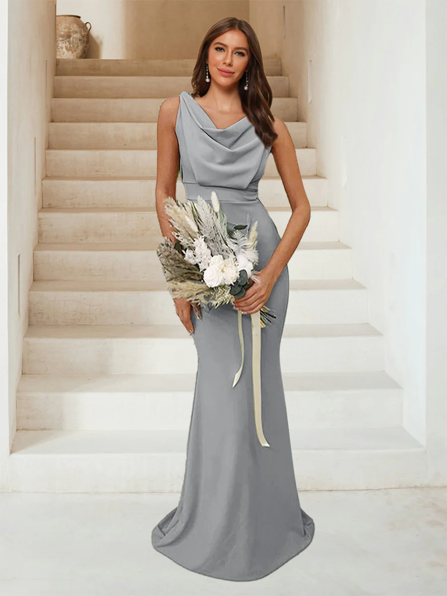 Trumpet/Mermaid Cowl Neck Sleeveless Ruched Bridesmaid Dresses - Image 12