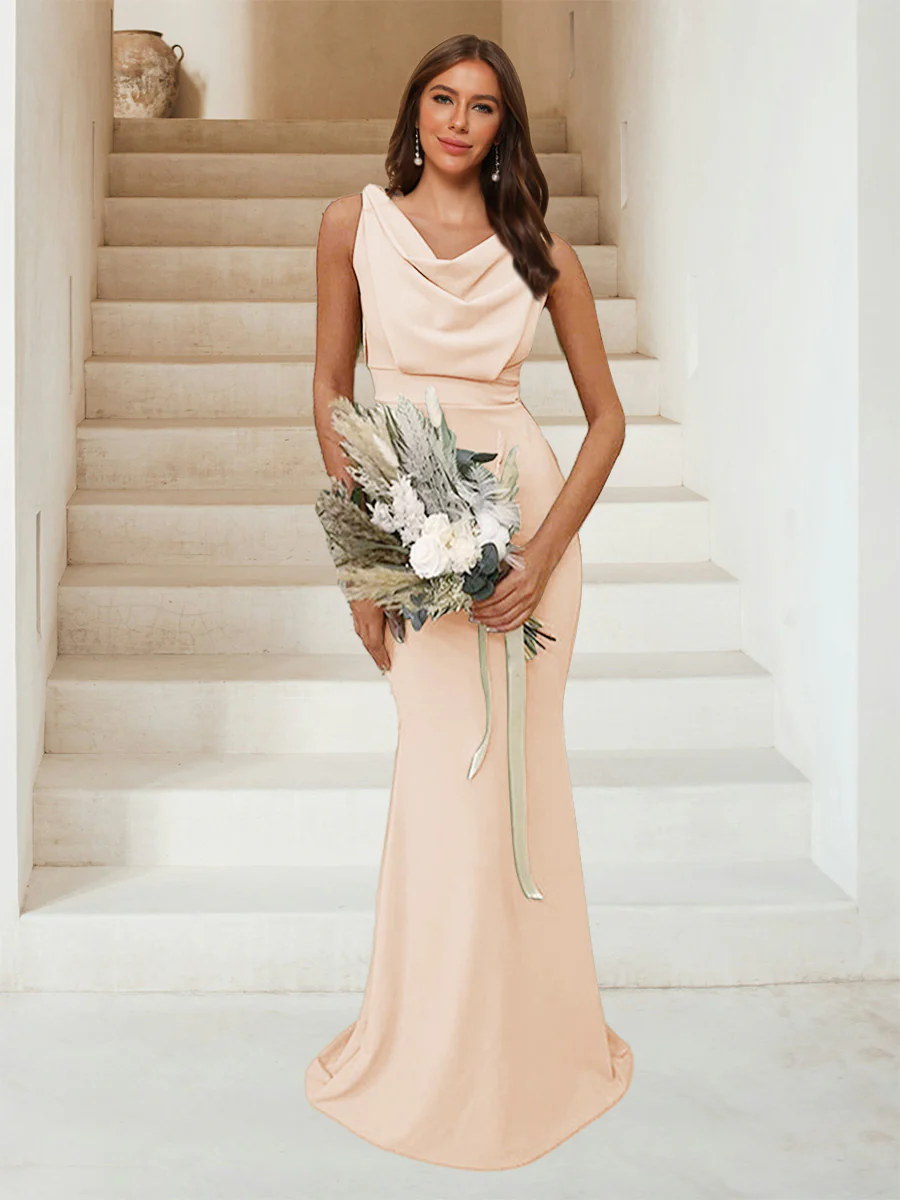 Trumpet/Mermaid Cowl Neck Sleeveless Ruched Bridesmaid Dresses - Image 27
