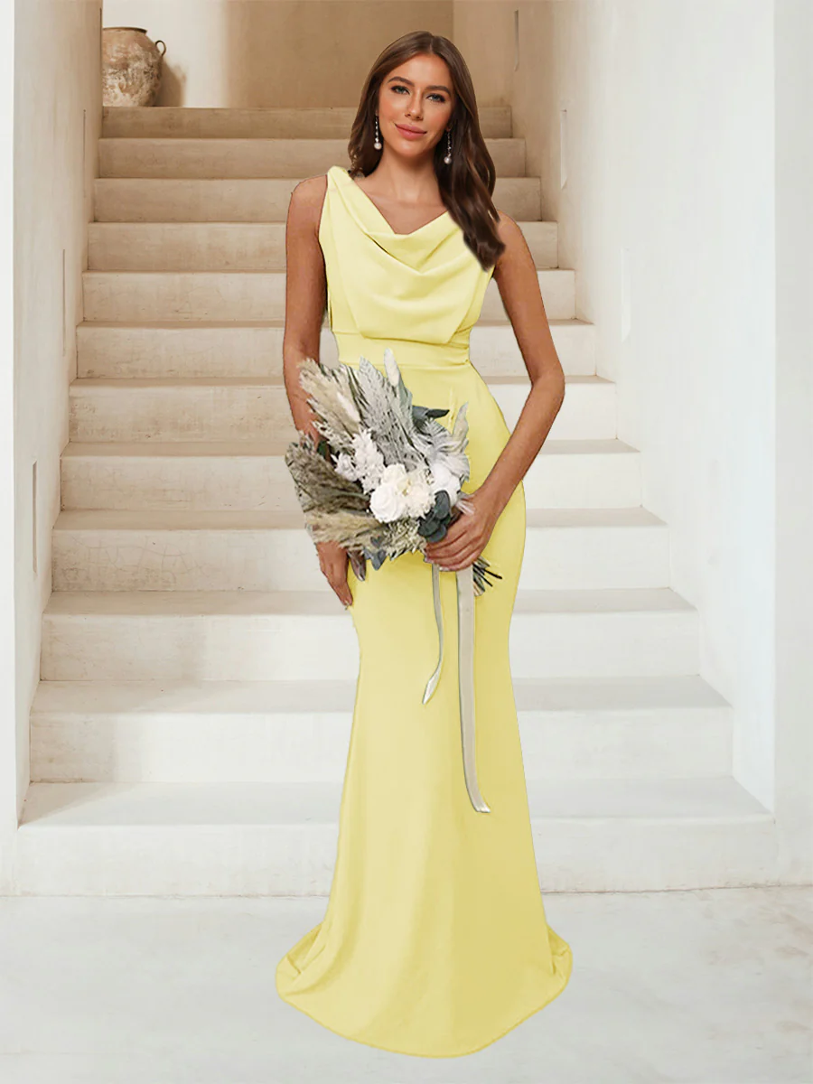 Trumpet/Mermaid Cowl Neck Sleeveless Ruched Bridesmaid Dresses - Image 54