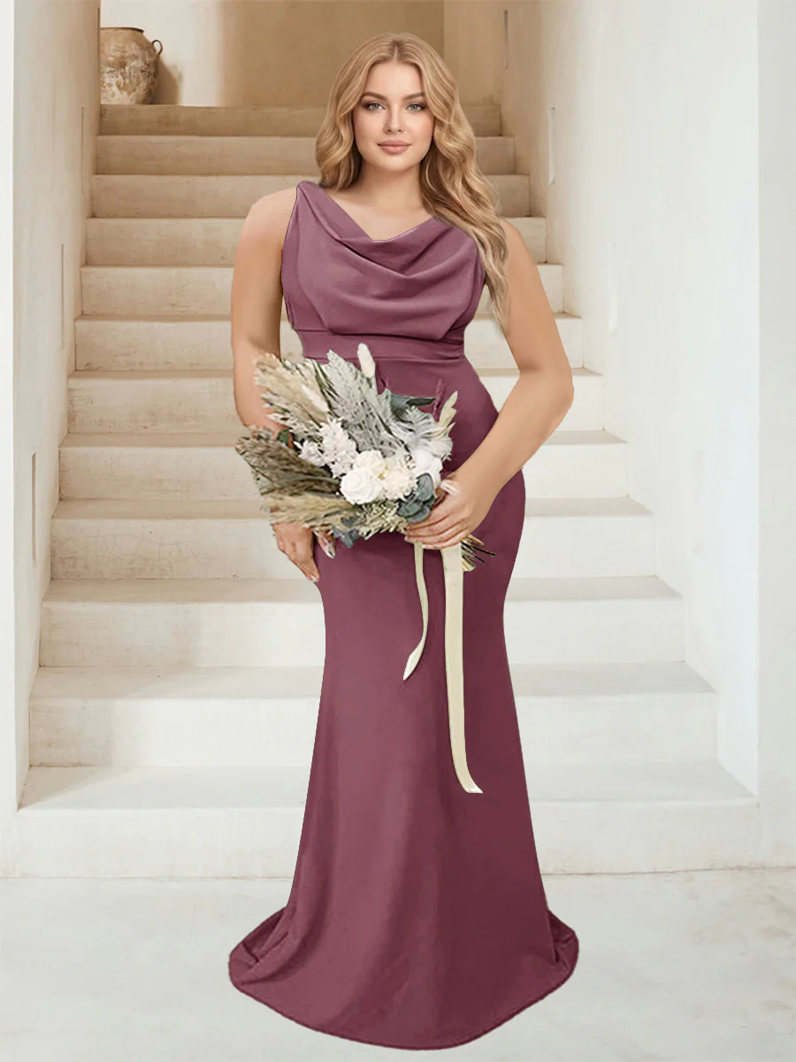 Trumpet/Mermaid Cowl Neck Sleeveless Ruched Plus Size Bridesmaid Dresses - Image 35