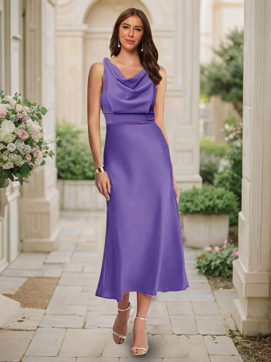 Trumpet/Mermaid Cowl Neck Sleeveless Tea-Length Ruched Bridesmaid Dresses - Image 48