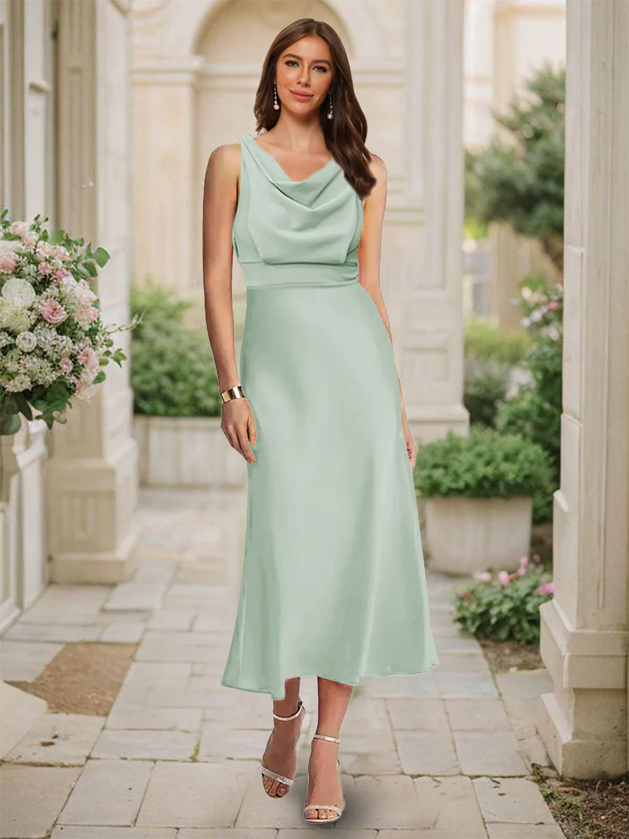 Trumpet/Mermaid Cowl Neck Sleeveless Tea-Length Ruched Bridesmaid Dresses - Image 52