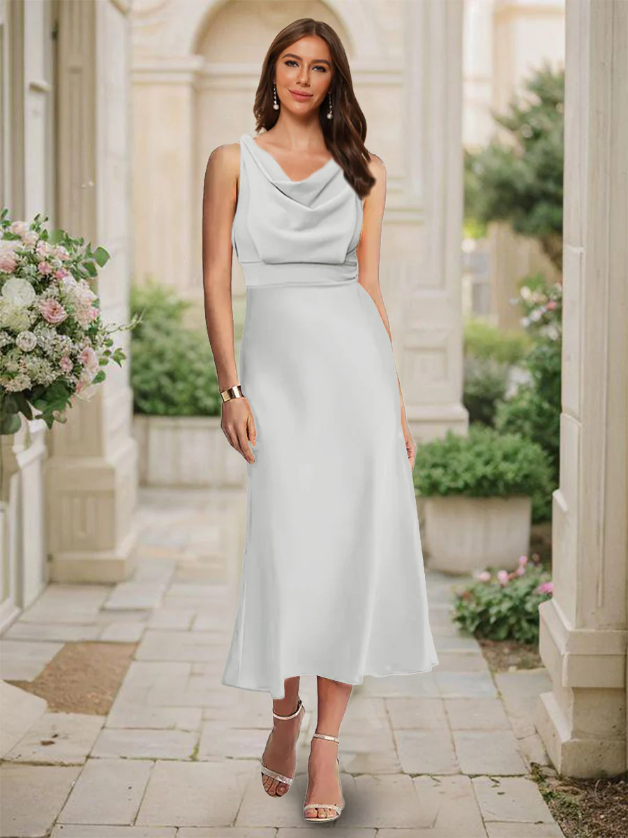 Trumpet/Mermaid Cowl Neck Sleeveless Tea-Length Ruched Bridesmaid Dresses - Image 54