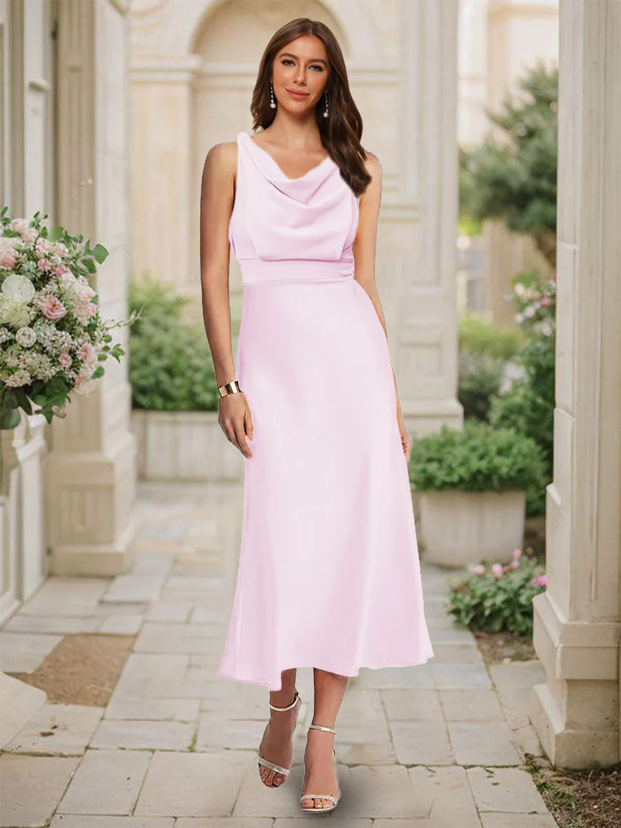 Trumpet/Mermaid Cowl Neck Sleeveless Tea-Length Ruched Bridesmaid Dresses - Image 7