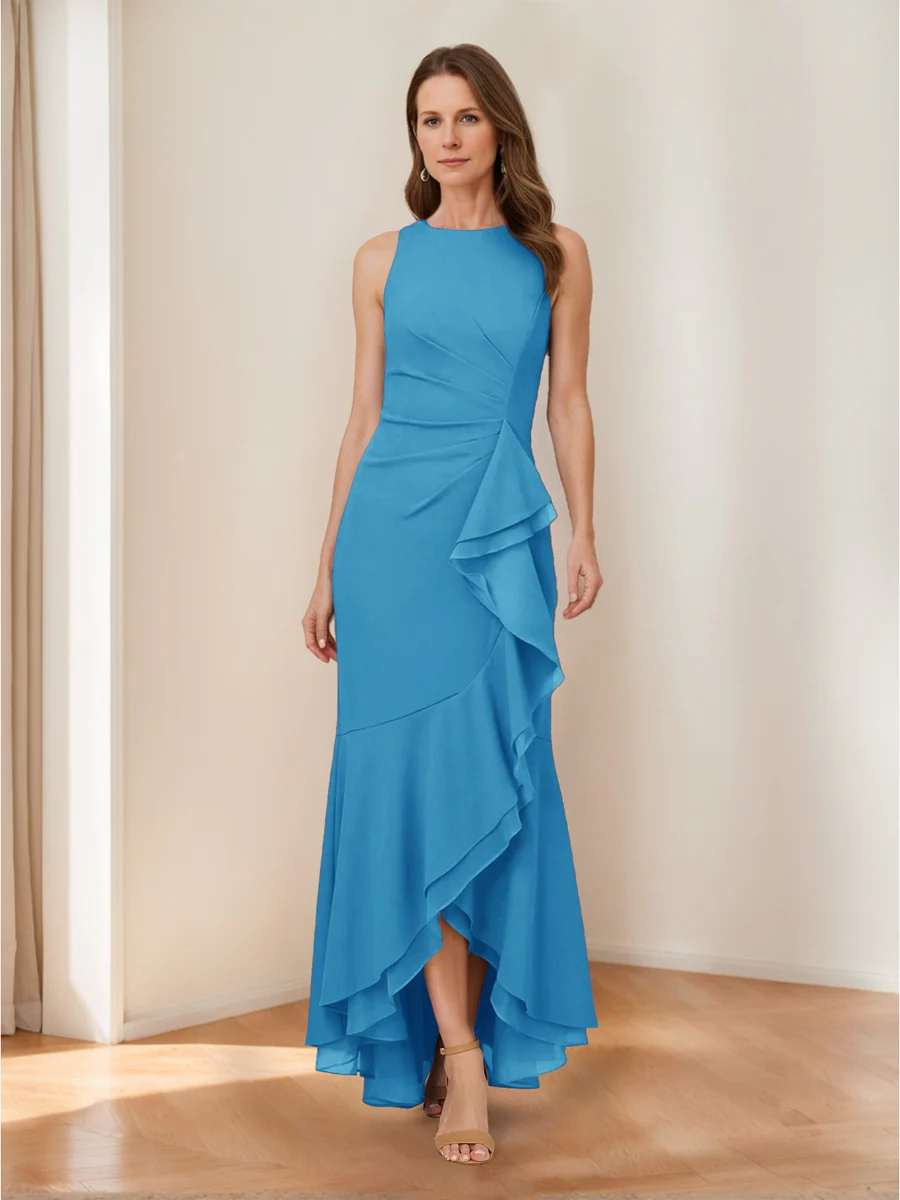 Trumpet/Mermaid Crew Neck High Low Ruched Mother of the Bride Dresses with Ruffles - Image 20