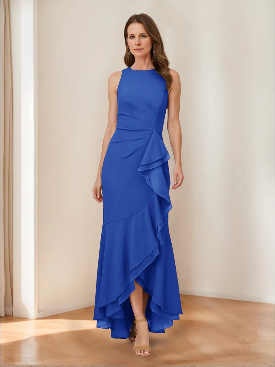Trumpet/Mermaid Crew Neck High Low Ruched Mother of the Bride Dresses with Ruffles - Image 36