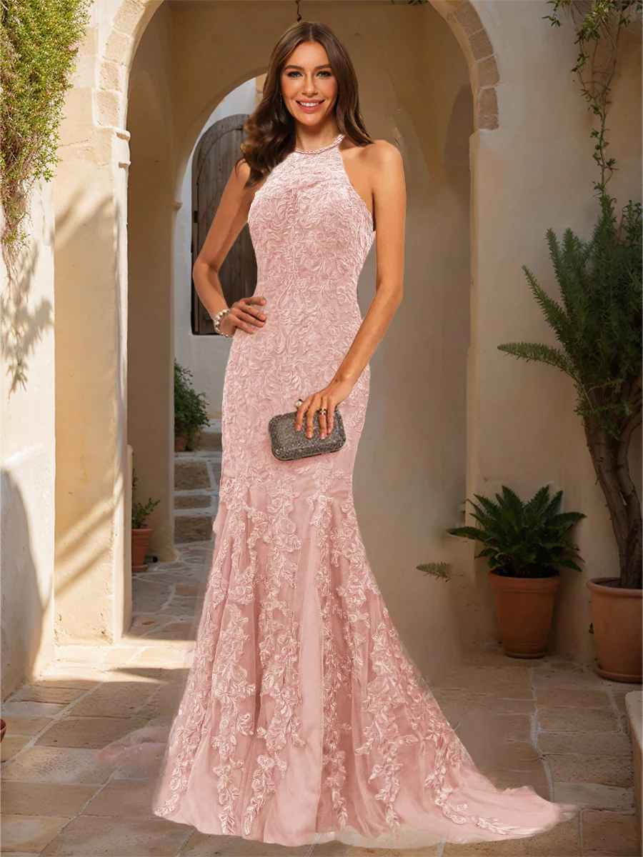 Trumpet/Mermaid Halter Sleeveless Applique Prom Dresses - Image 11