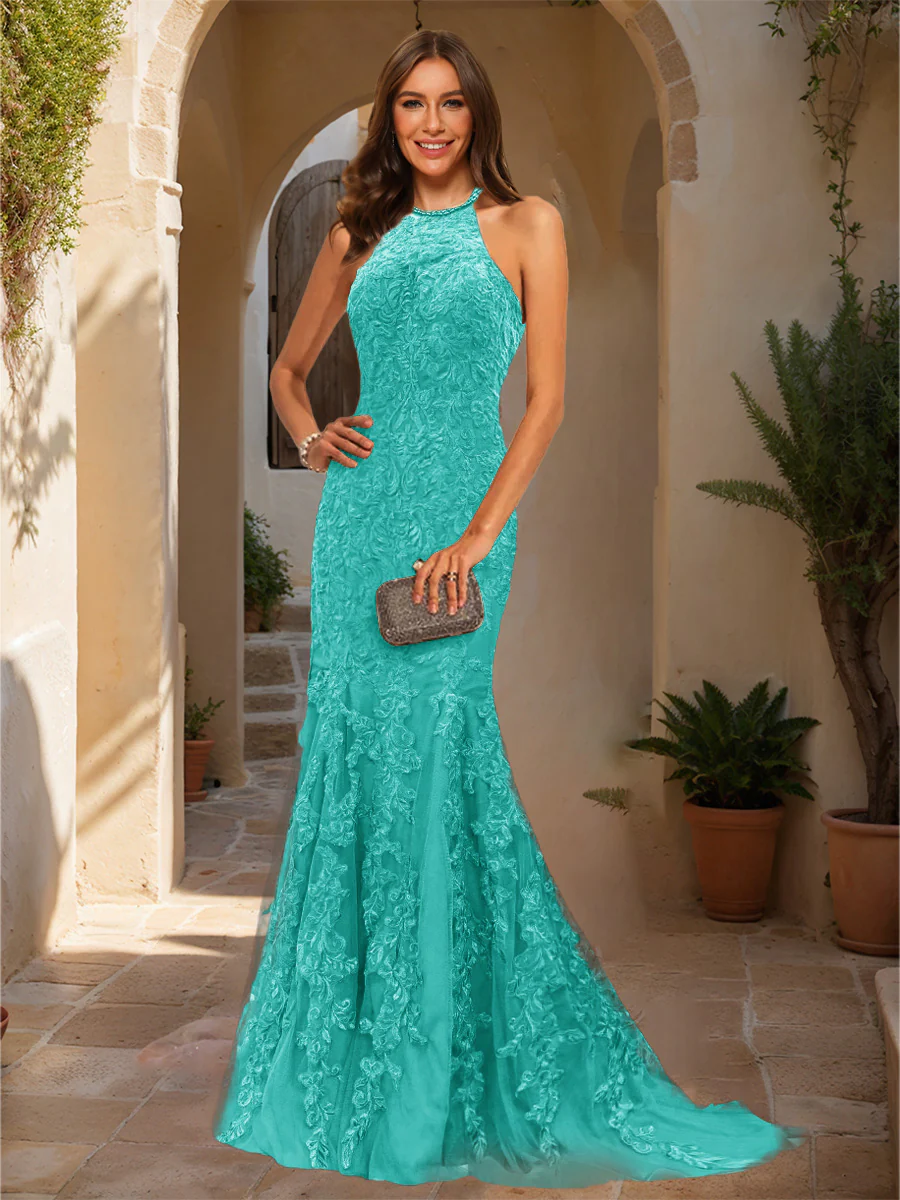 Trumpet/Mermaid Halter Sleeveless Applique Prom Dresses - Image 51
