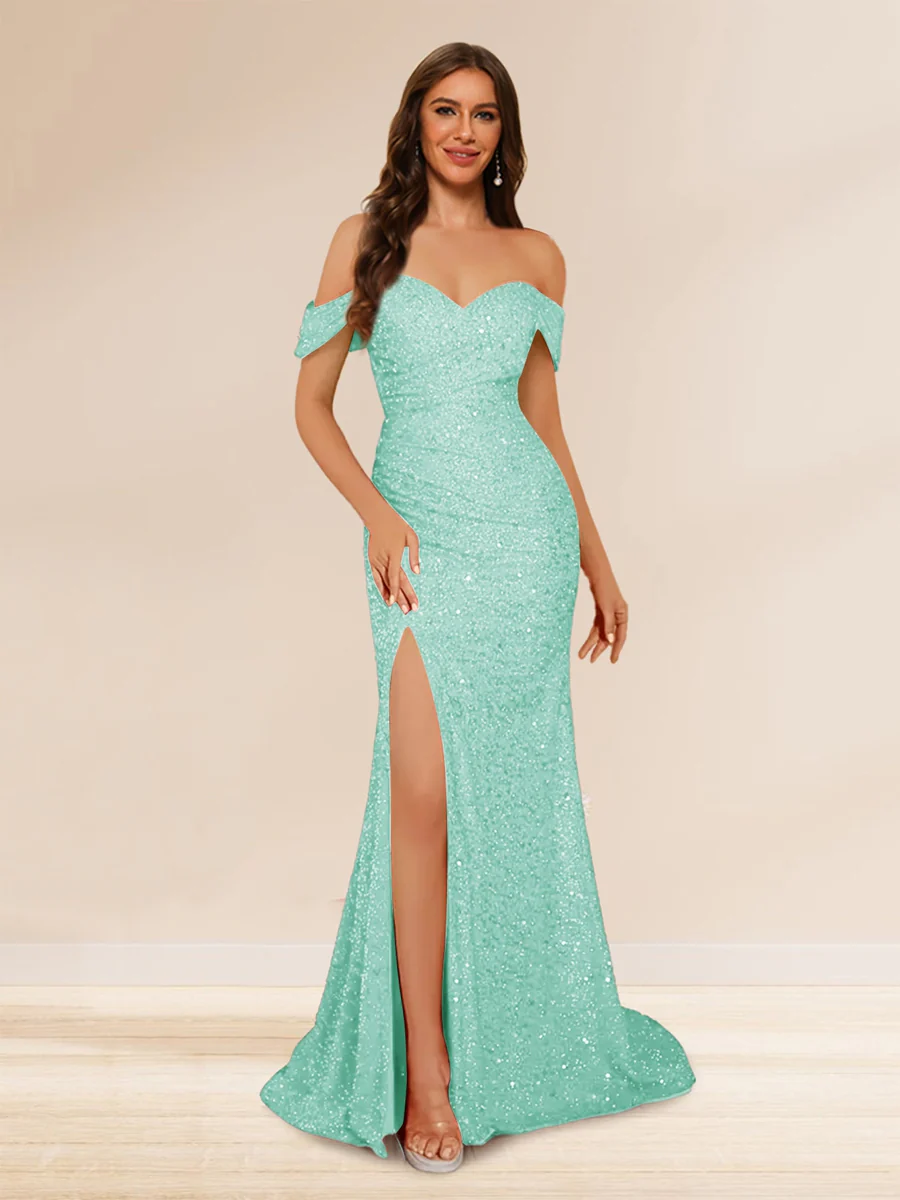 Trumpet/Mermaid Off-the-Shoulder Long Evening Dresses with Sequins & Split Side - Image 16
