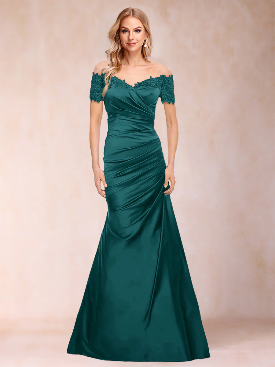 Trumpet/Mermaid Off-the-Shoulder Short Sleeves Mother of the Bride Dresses Applique - Image 38