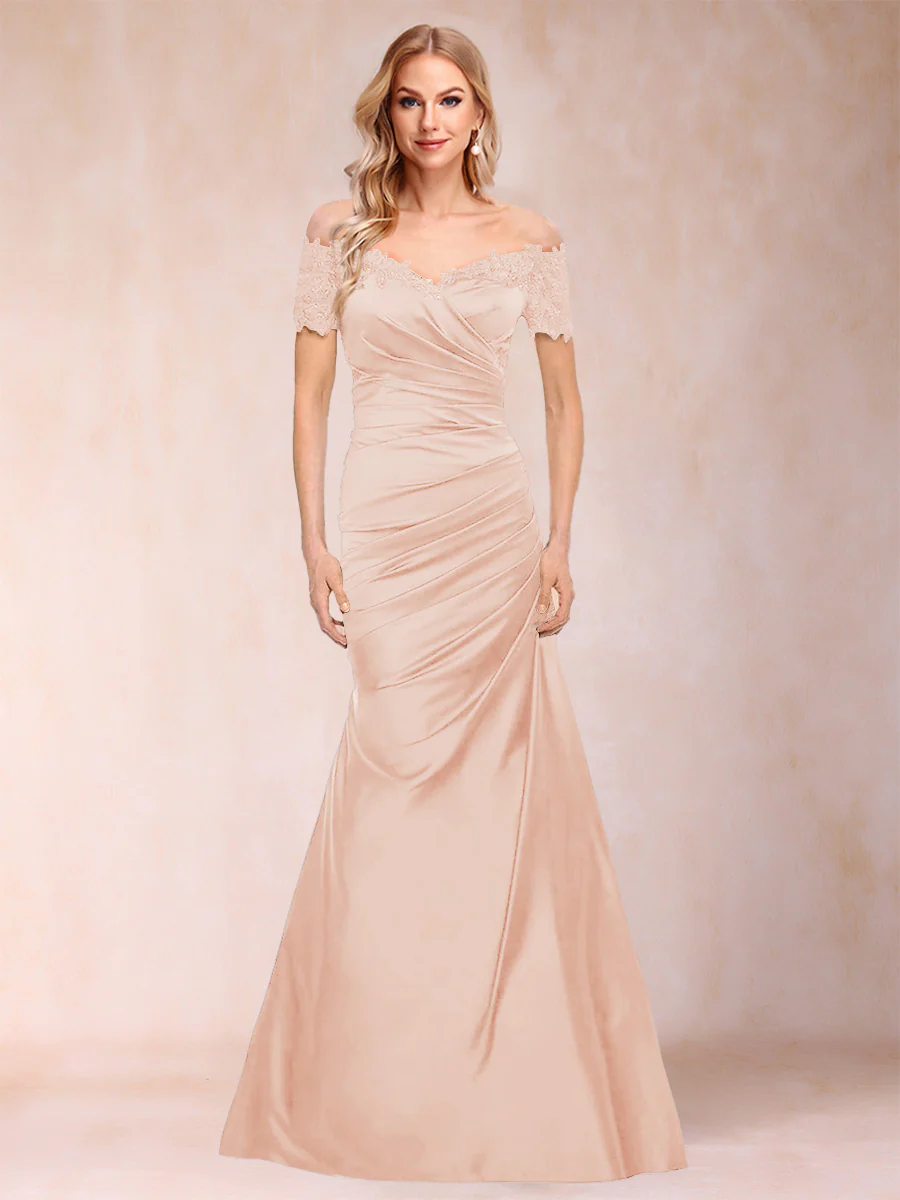 Trumpet/Mermaid Off-the-Shoulder Short Sleeves Mother of the Bride Dresses Applique - Image 39