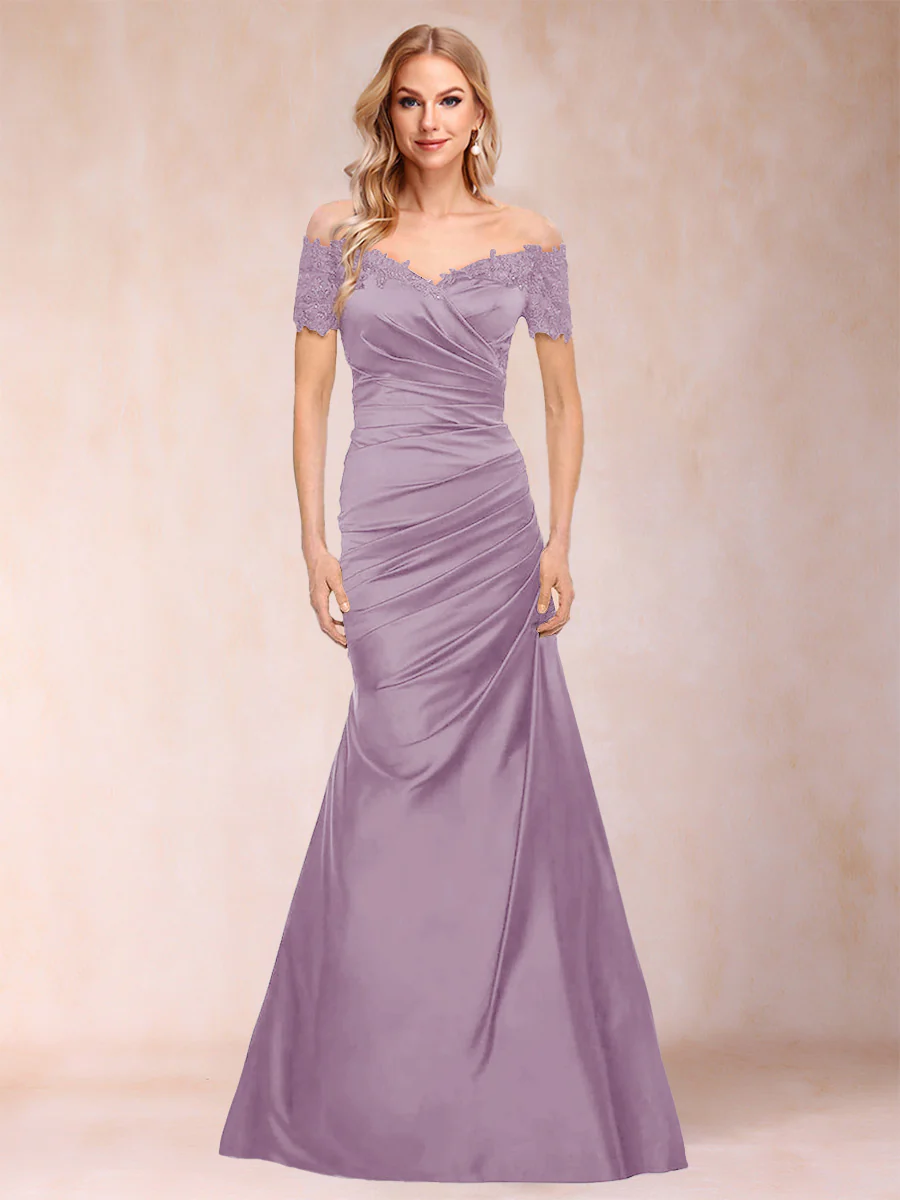Trumpet/Mermaid Off-the-Shoulder Short Sleeves Mother of the Bride Dresses Applique - Image 55