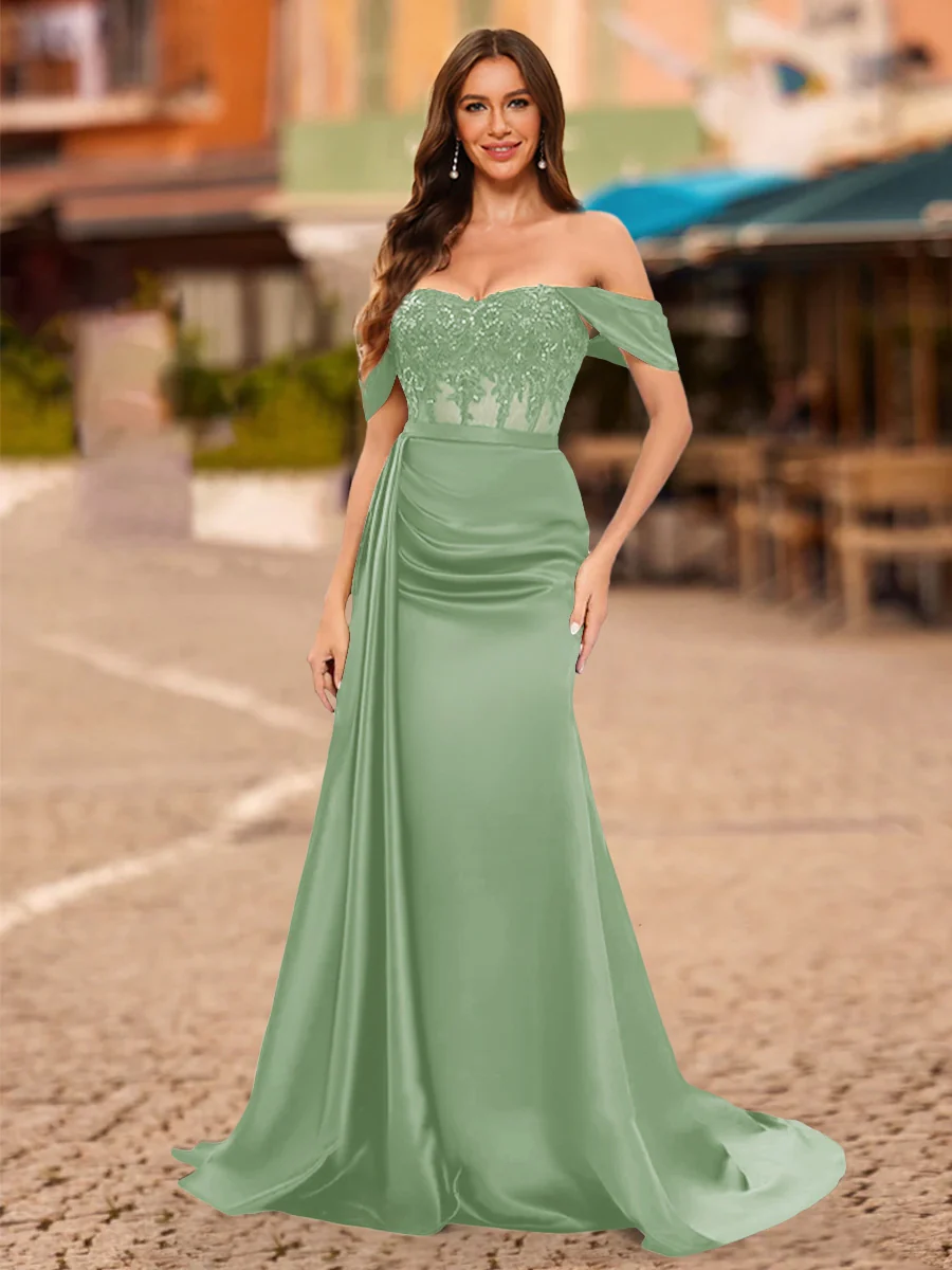 Trumpet/Mermaid Off-the-Shoulder Short Sleeves Sequins Prom Dresses - Image 23