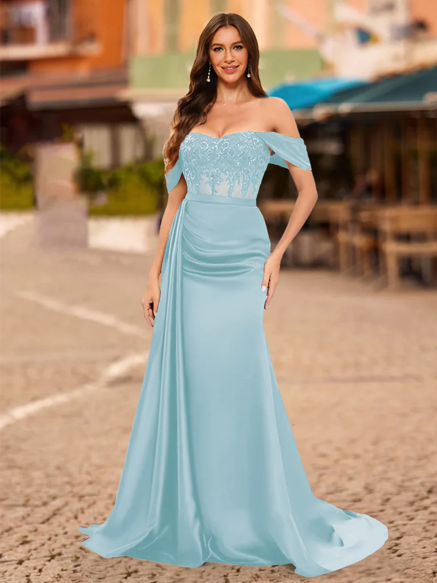 Trumpet/Mermaid Off-the-Shoulder Short Sleeves Sequins Prom Dresses - Image 28