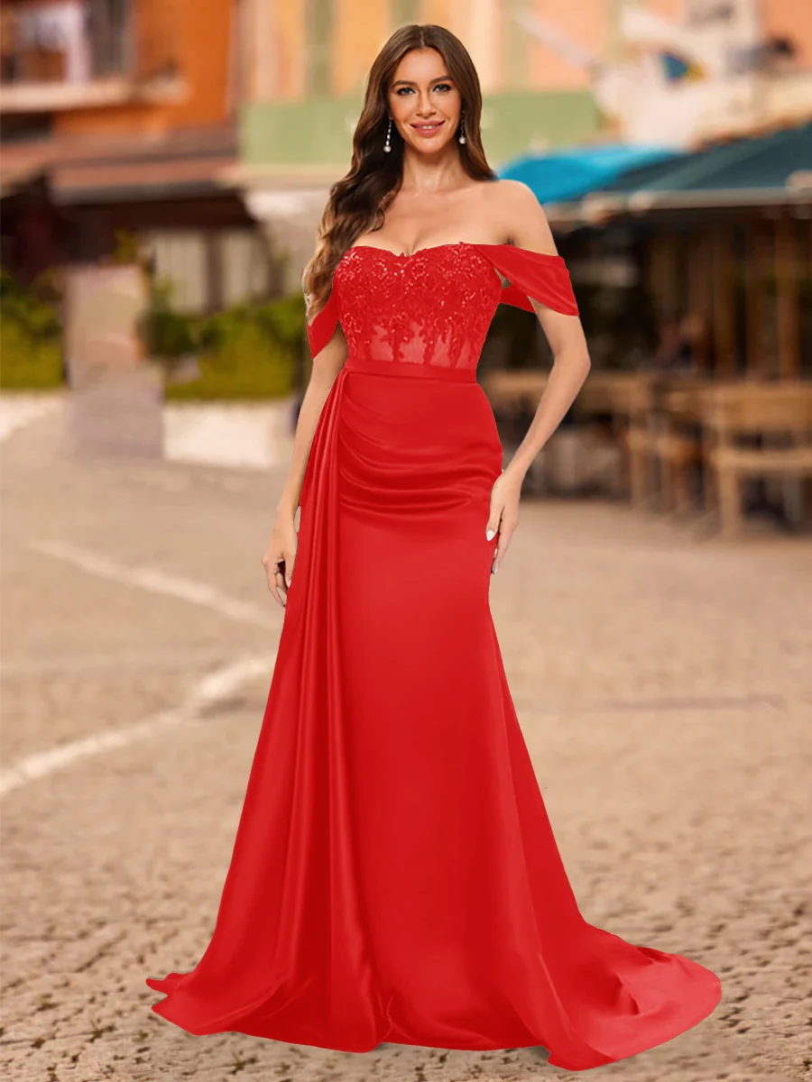 Trumpet/Mermaid Off-the-Shoulder Short Sleeves Sequins Prom Dresses - Image 39
