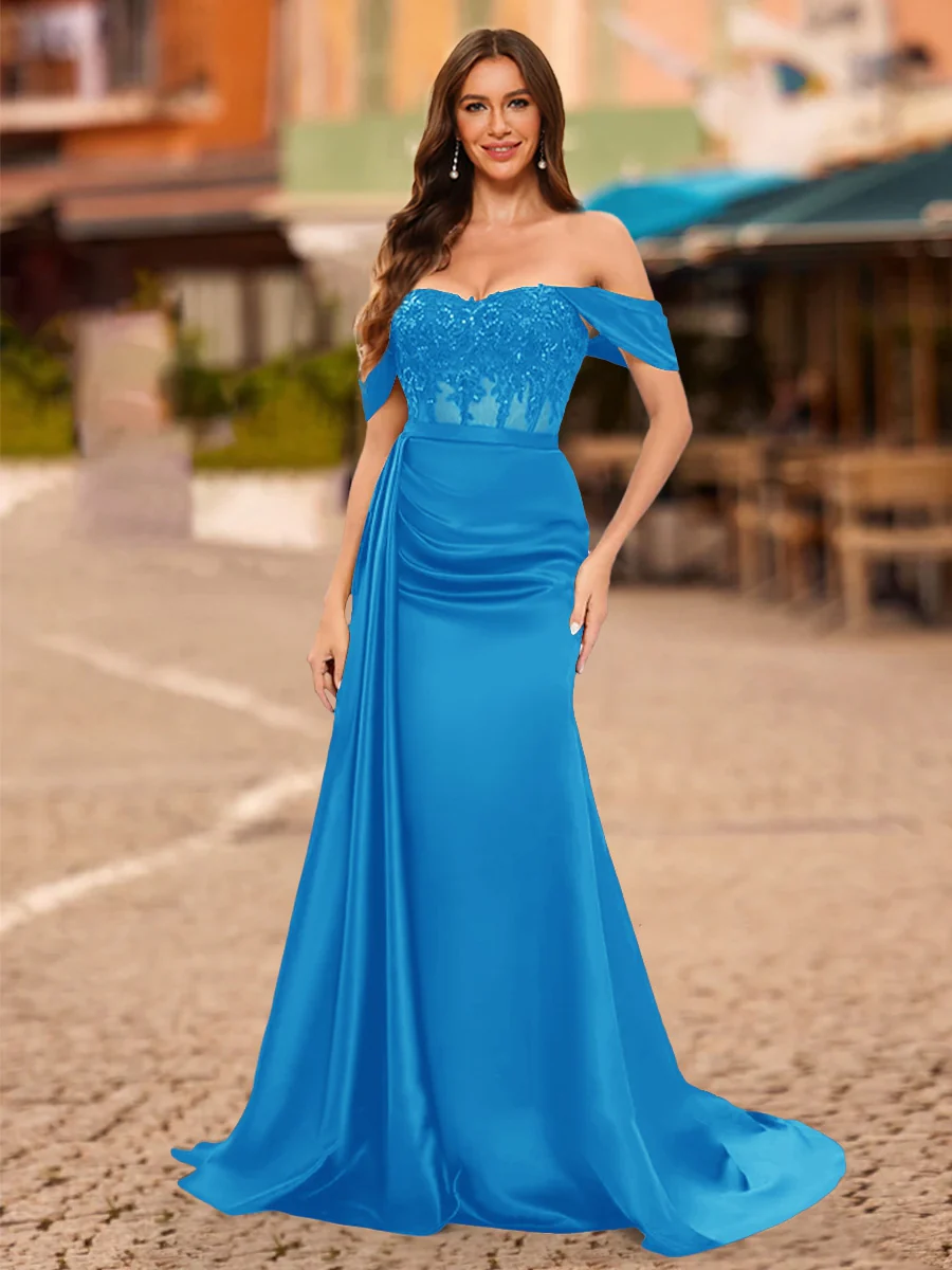 Trumpet/Mermaid Off-the-Shoulder Short Sleeves Sequins Prom Dresses - Image 63