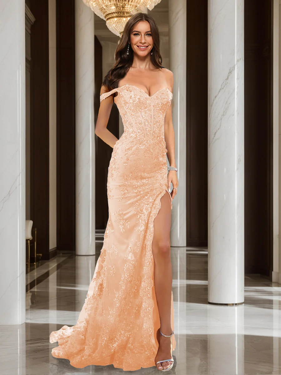 Trumpet/Mermaid Off-the-Shoulder Slit Long Prom Dresses with Sequin Appliques - Image 48