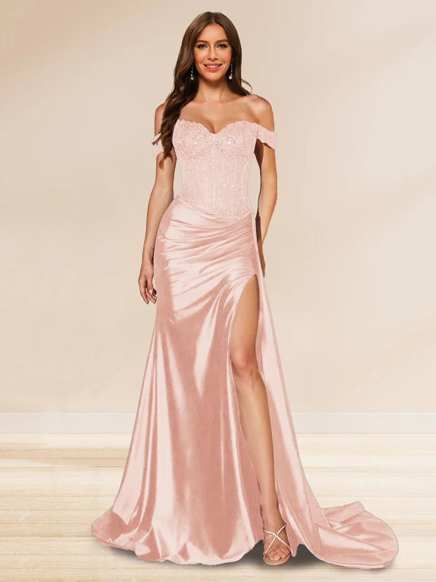 Trumpet/Mermaid Off-the-Shoulder Sweep Train Sequined Evening Dresses with Split Side - Image 38