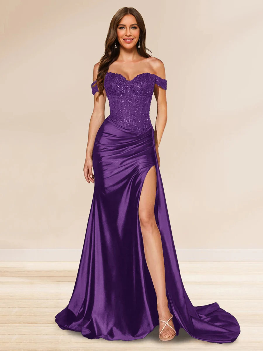 Trumpet/Mermaid Off-the-Shoulder Sweep Train Sequined Evening Dresses with Split Side - Image 39