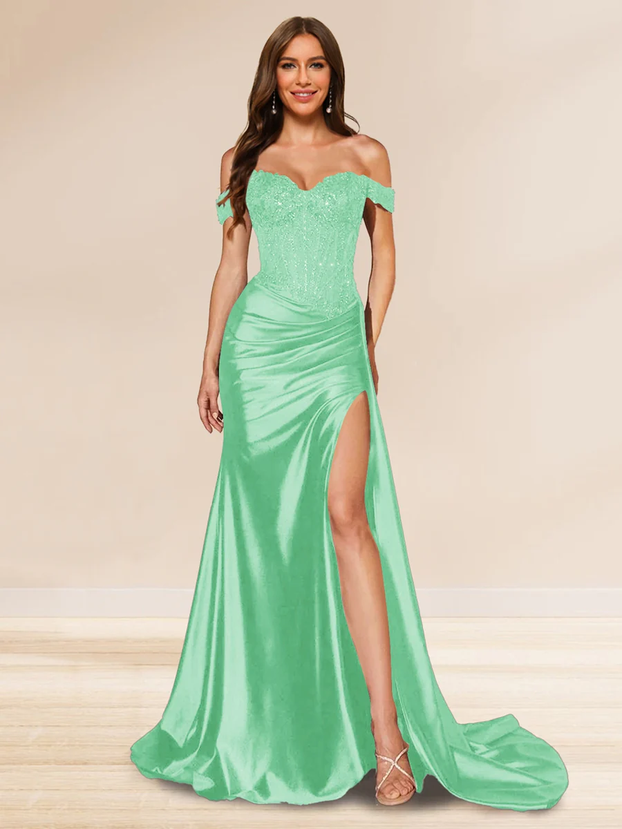 Trumpet/Mermaid Off-the-Shoulder Sweep Train Sequined Evening Dresses with Split Side - Image 42