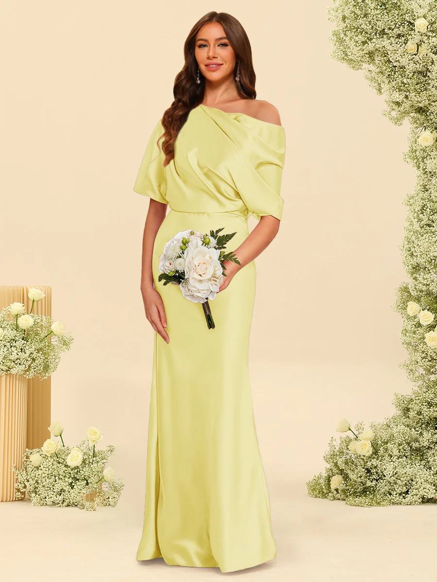 Trumpet/Mermaid One-Shoulder Half Sleeves Bridesmaid Dresses With Ruched - Image 63