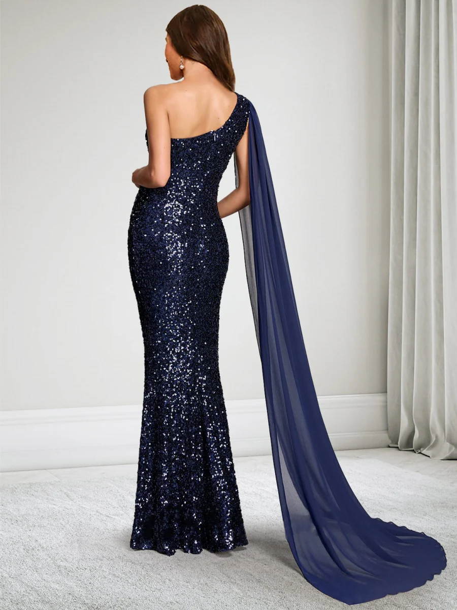 Trumpet/Mermaid One Shoulder Sequin Floor-Length Baby Shower Wedding Guest Dresses with Cape - Image 2