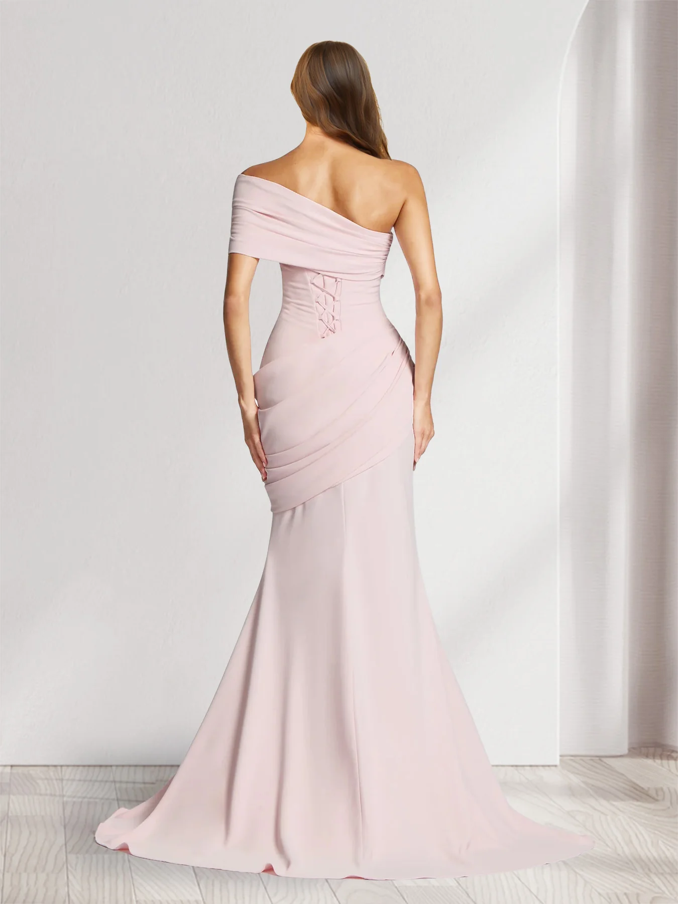 Trumpet/Mermaid One-Shoulder Short Sleeves Floor-Length Bridesmaid Dresses with Pleats - Image 2