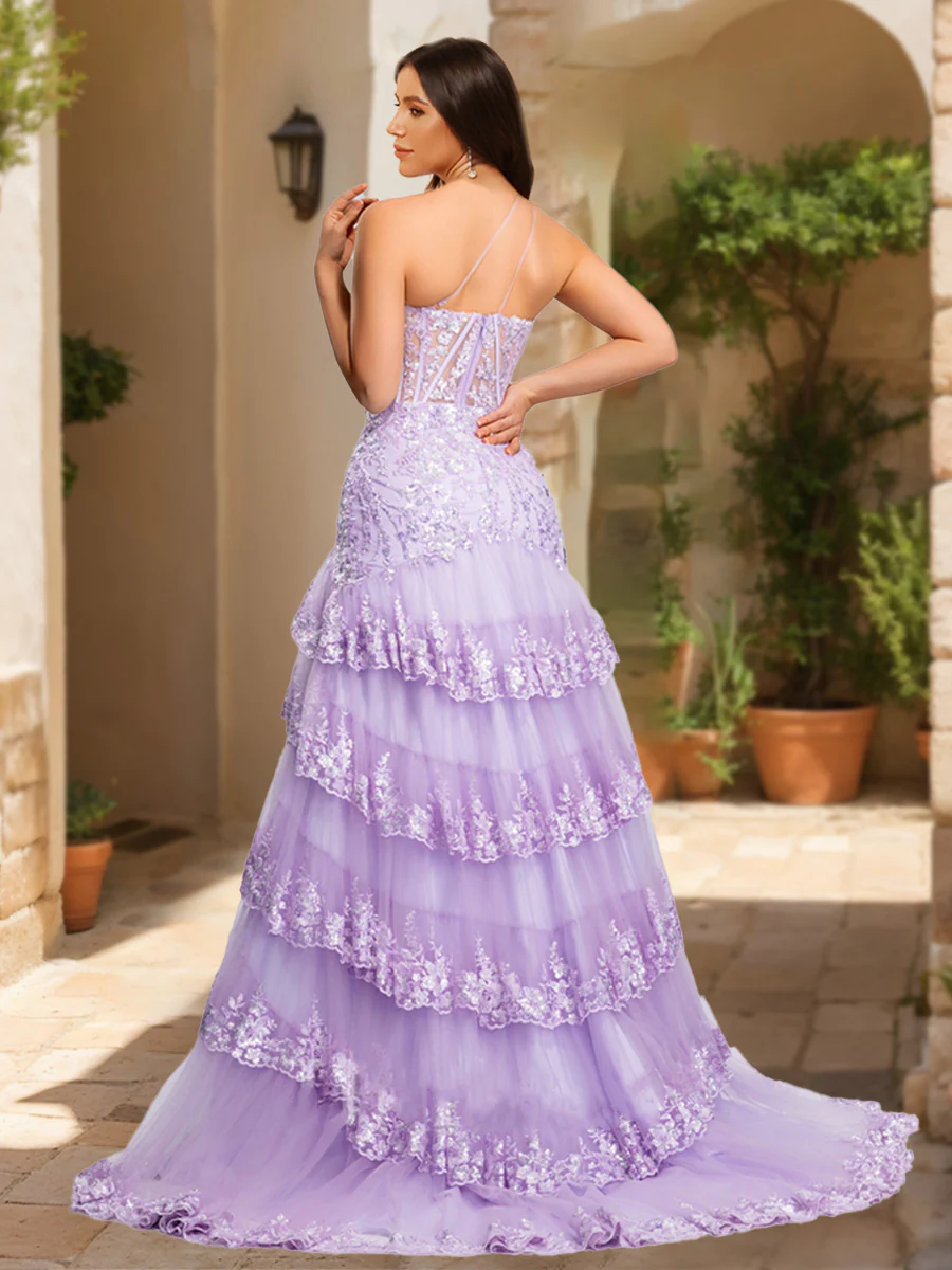 Trumpet/Mermaid One-Shoulder Tiered Prom Dresses with Sequin Appliques - Image 2