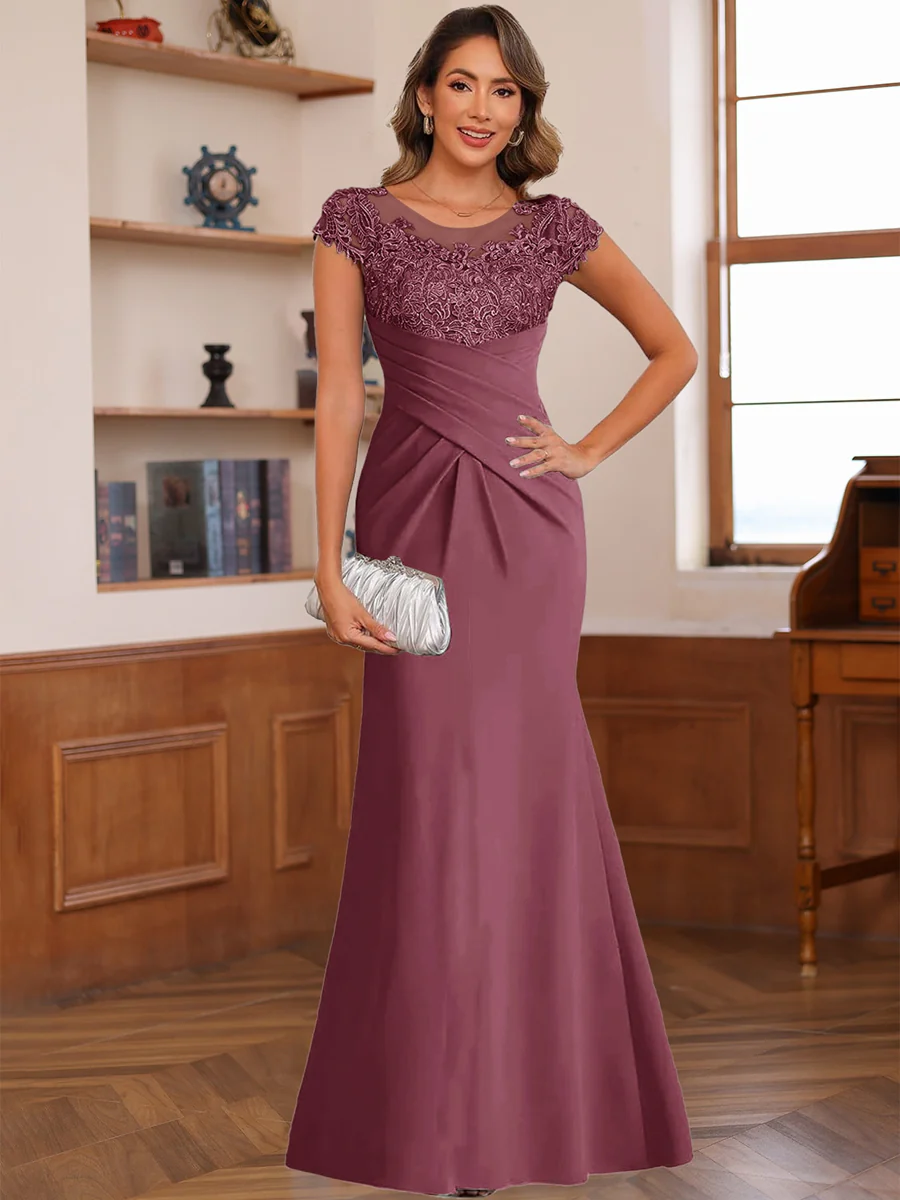 Trumpet/Mermaid Scoop Short Sleeves Chiffon Mother of the Bride Dresses with Applique - Image 31