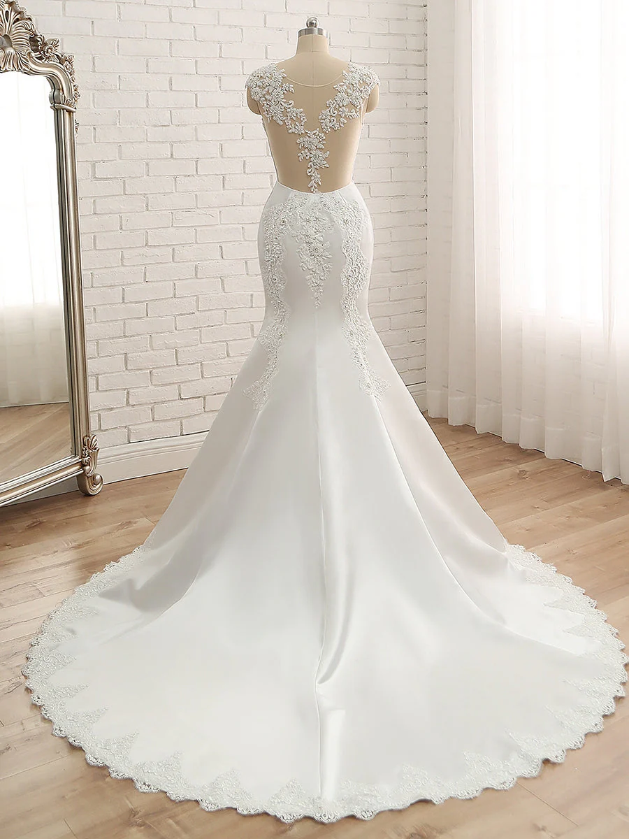 Trumpet/Mermaid Scoop Sleeveless Applique With Beading Lace Satin Court Train Wedding Dresses - Image 2