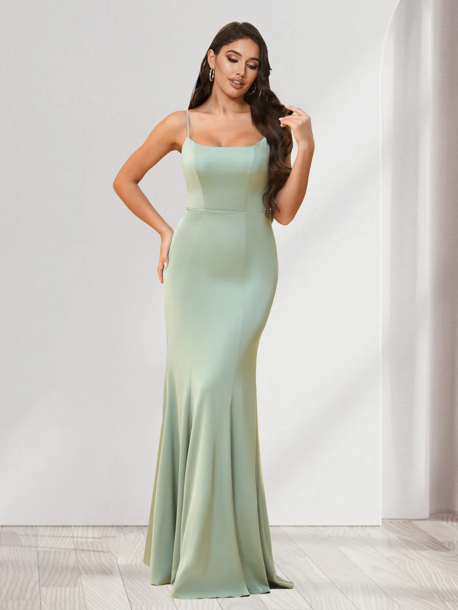 Trumpet/Mermaid Spaghetti Straps Floor-Length Bridesmaid Dresses With Bowknot & Ruffles - Image 3
