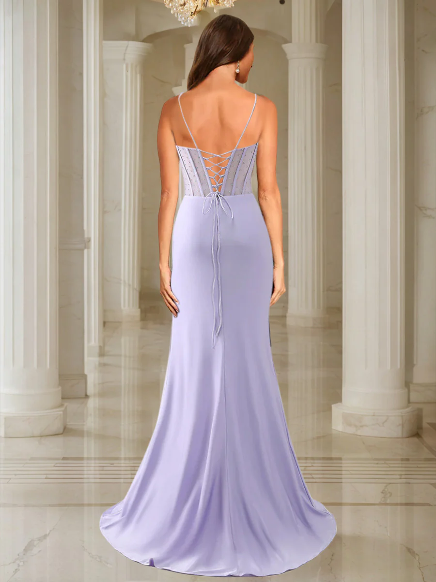 Trumpet/Mermaid Spaghetti Straps Pleated Satin Long Prom Dresses with Side Slit & Rhinestone - Image 2