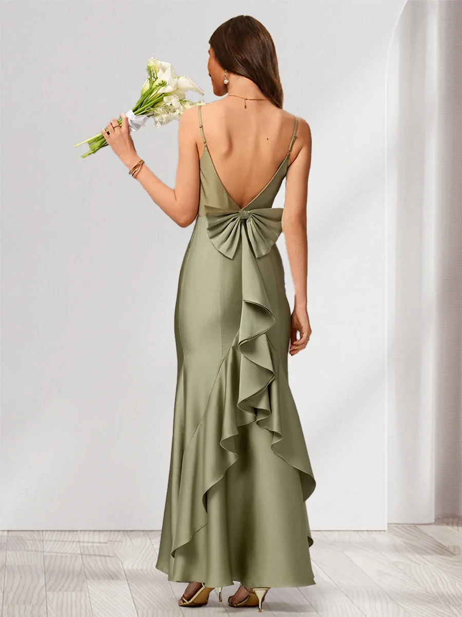 Trumpet/Mermaid Spaghetti Straps Sleeveless Floor-Length Bridesmaid Dresses with Bowknot & Ruffles - Image 2