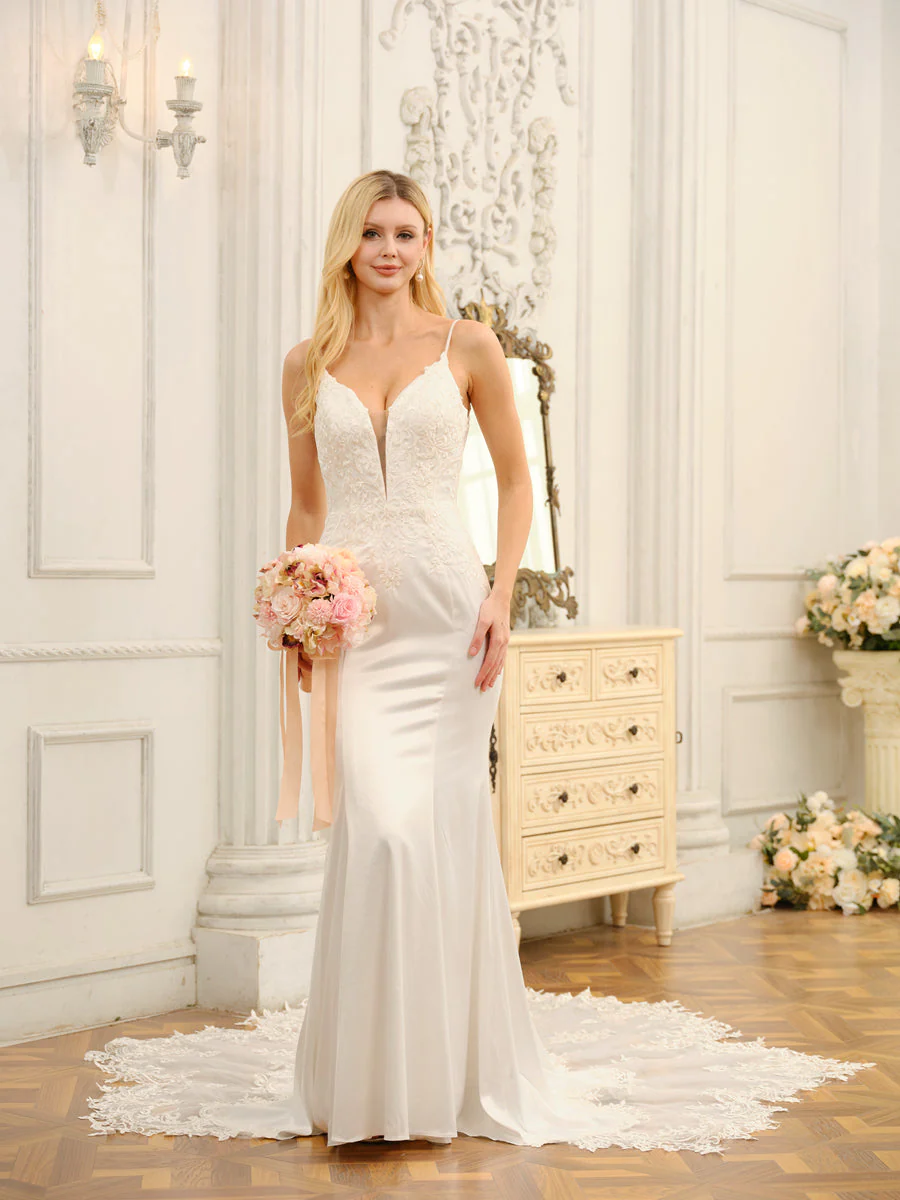 Trumpet/Mermaid Spaghetti Straps Sleeveless Long Wedding Dresses with Appliques - Image 5