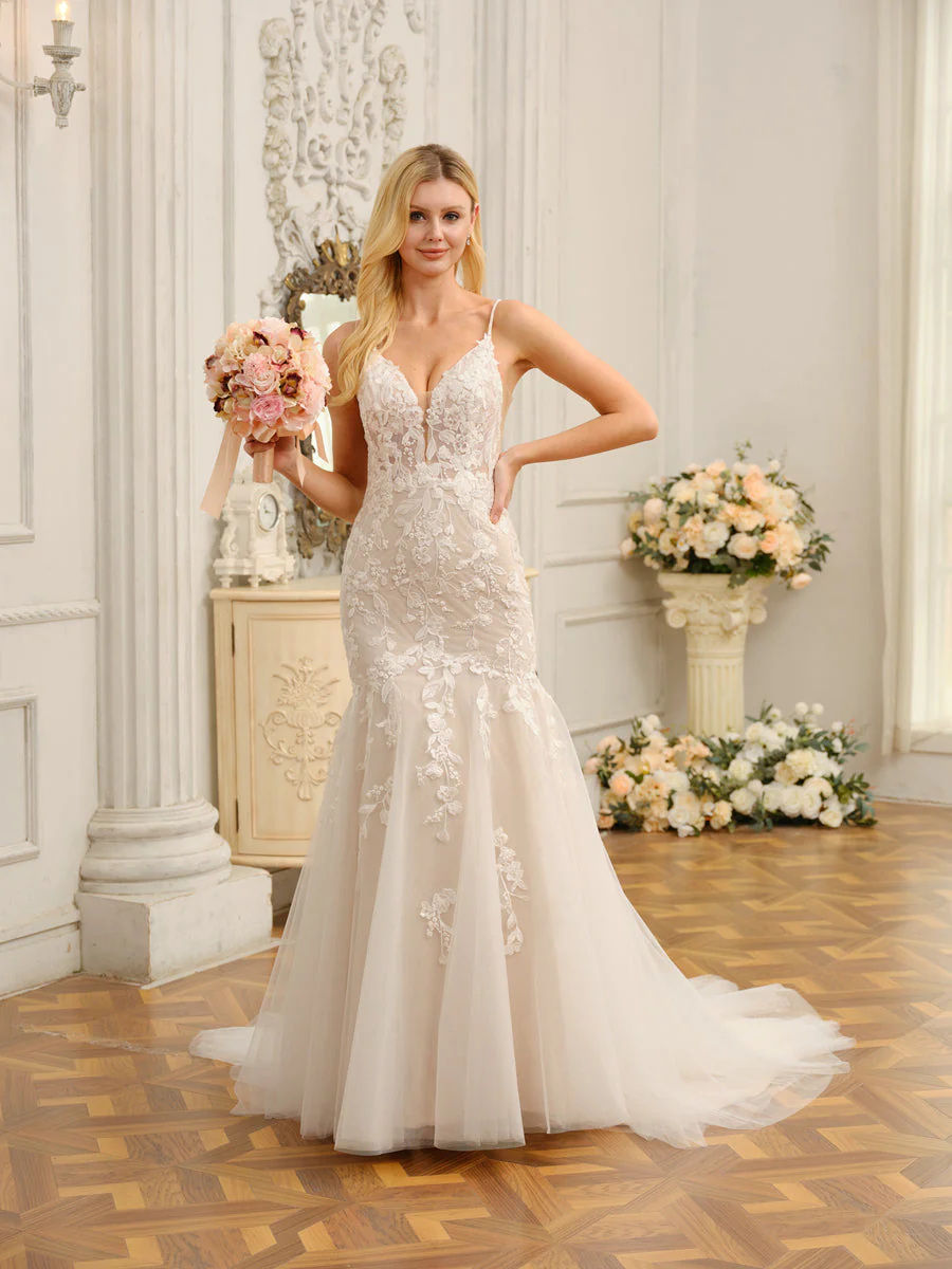 Trumpet/Mermaid Spaghetti Straps Sleeveless Long Wedding Dresses with Appliques - Image 3