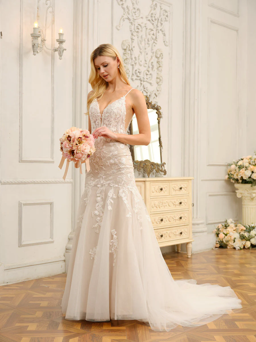 Trumpet/Mermaid Spaghetti Straps Sleeveless Long Wedding Dresses with Appliques - Image 6