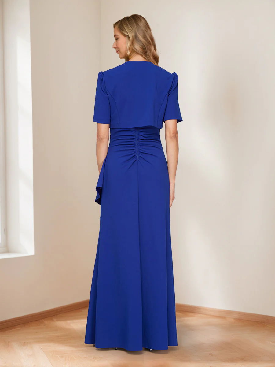 Trumpet/Mermaid Square Neck V-Neck Ruched Mother of the Bride Dresses with Jacket & Cascade Ruffle - Image 2