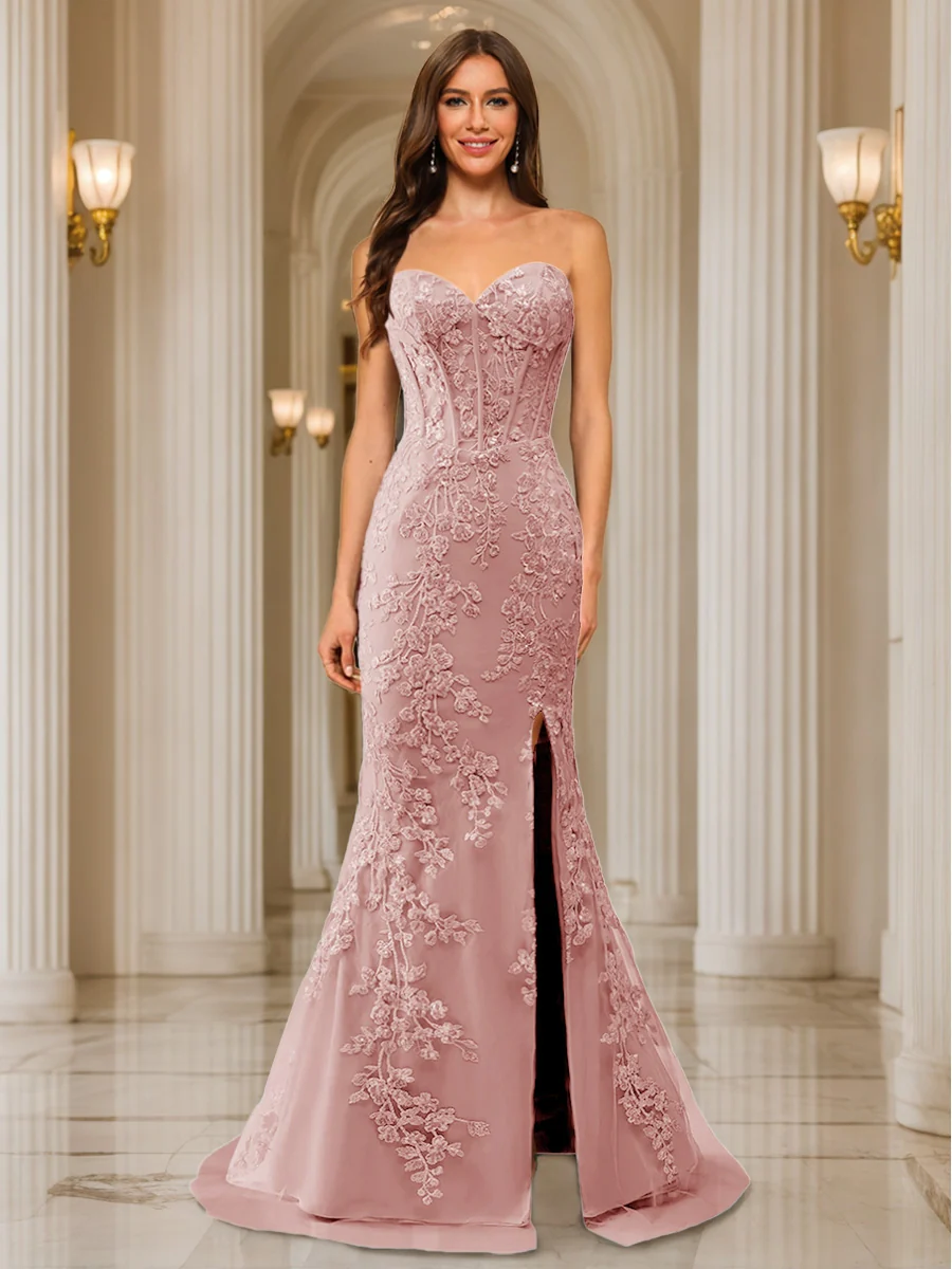 Trumpet/Mermaid Sweetheart Pleated Tulle Long Evening Dresses with Side Slit & Appliques - Image 17