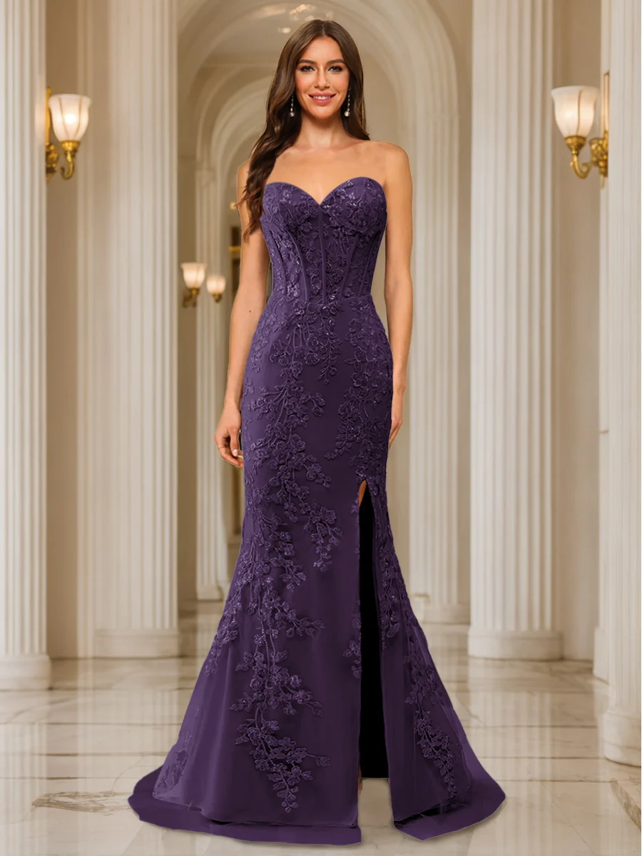 Trumpet/Mermaid Sweetheart Pleated Tulle Long Evening Dresses with Side Slit & Appliques - Image 24