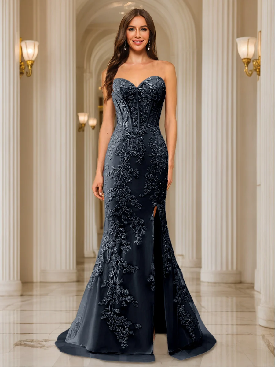 Trumpet/Mermaid Sweetheart Pleated Tulle Long Evening Dresses with Side Slit & Appliques - Image 43