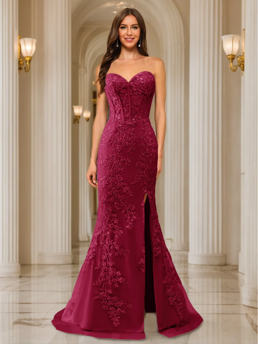 Trumpet/Mermaid Sweetheart Pleated Tulle Long Evening Dresses with Side Slit & Appliques - Image 70