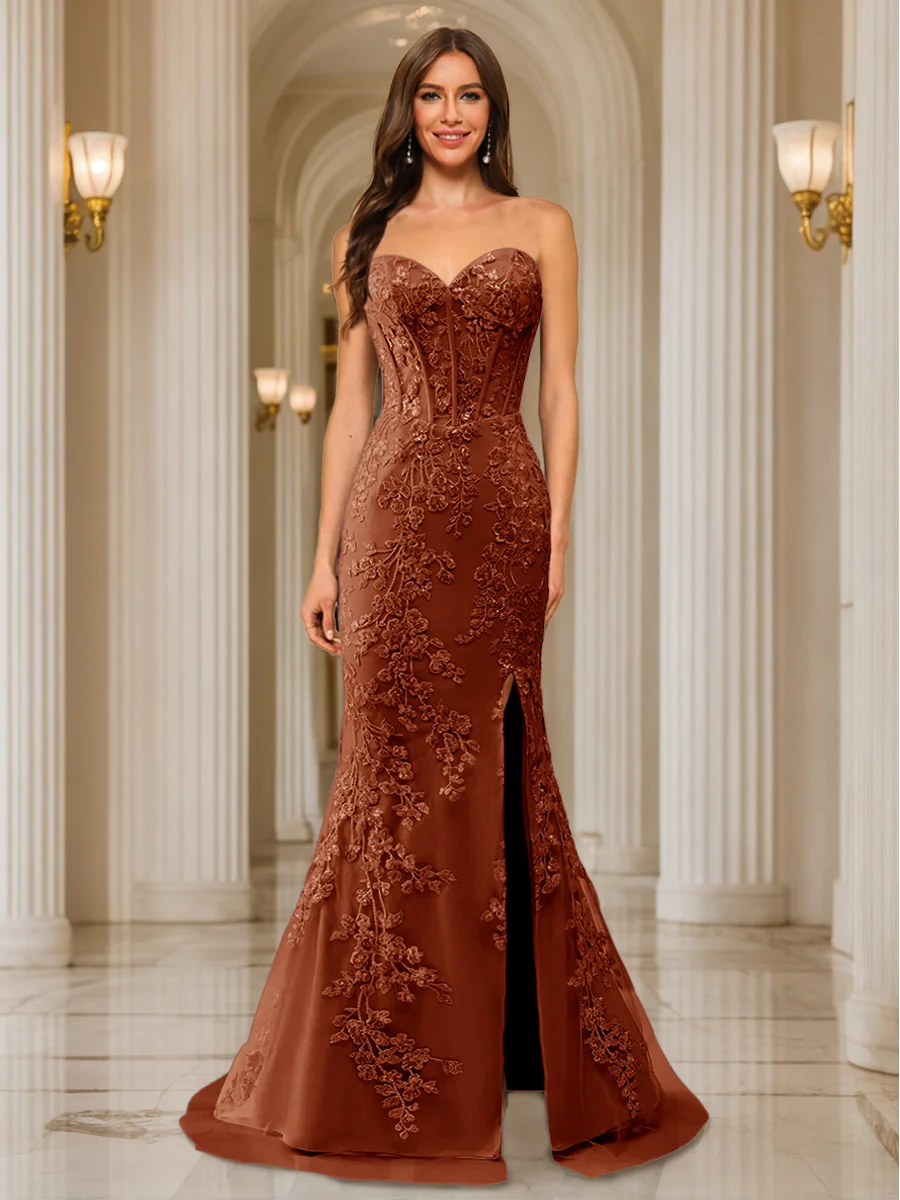 Trumpet/Mermaid Sweetheart Pleated Tulle Long Evening Dresses with Side Slit & Appliques - Image 8