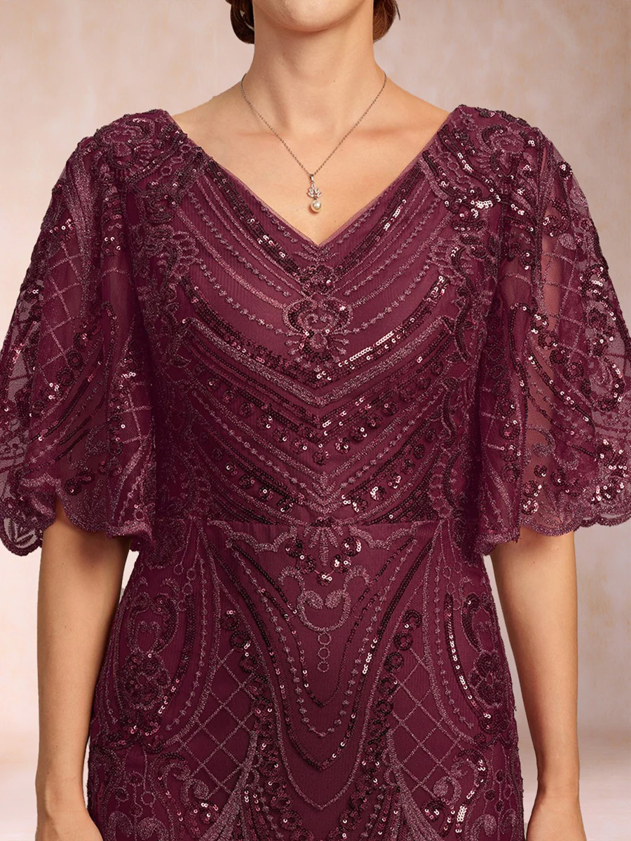 Trumpet/Mermaid V-Neck Floor-Length Half Sleeves Mother Of The Bride Dresses With Appliques Lace & Sequin - Image 4