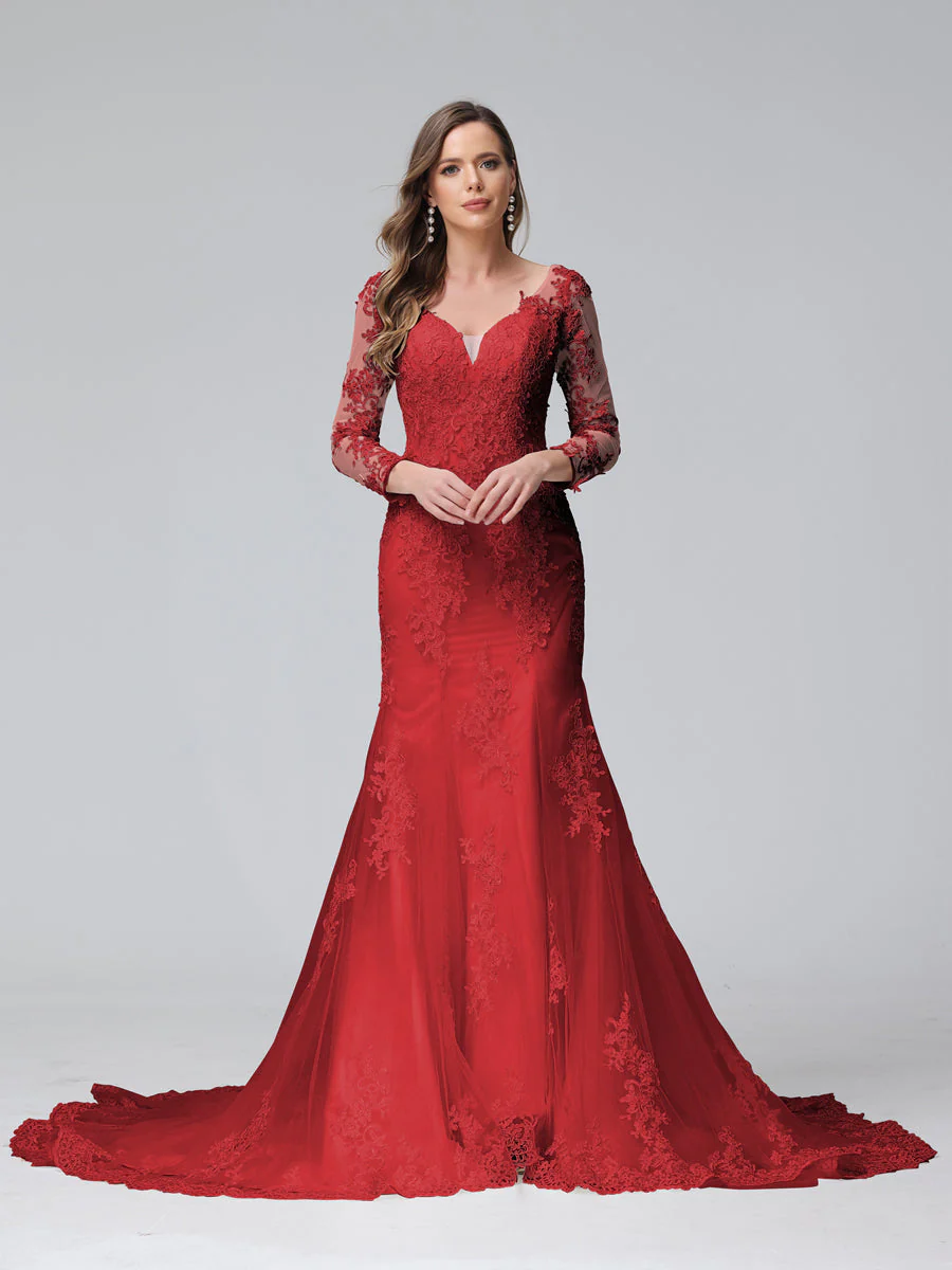 Trumpet/Mermaid V-Neck Long Sleeves Lace Wedding Dresses - Image 11