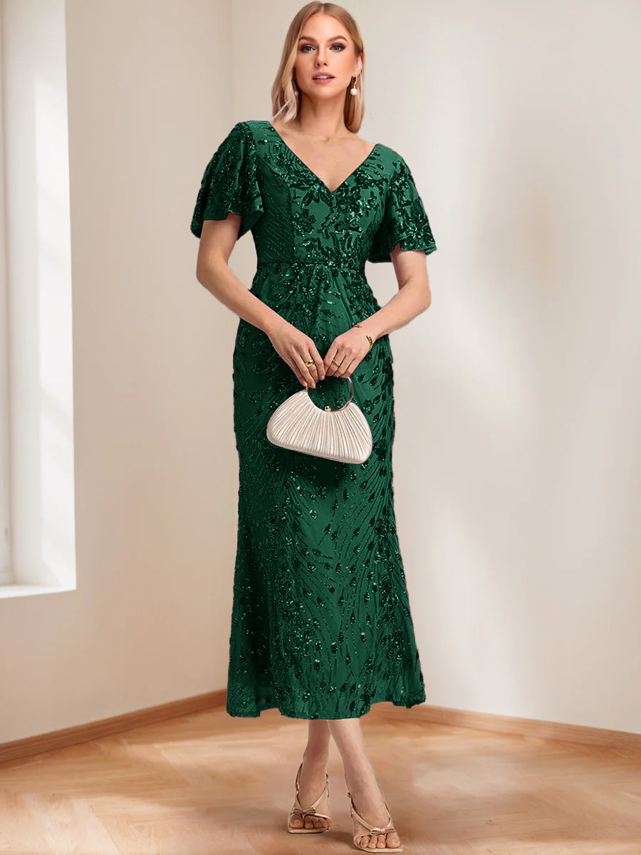 Trumpet/Mermaid V-Neck Short Ruffle Sleeves Ankle-Length Mother of the Bride Dresses with Appliques - Image 8